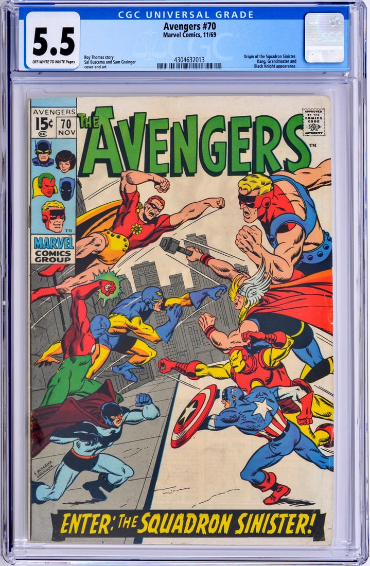 THE AVENGERS #70, CGC 5.5: Artist/Designer; Manufacturer: Sal Buscema, Stan Lee, Sam Rosen, Roy Thomas; Marvel Comics (USA) Marking(s); notes: no signatures/marking(s); Nov. 10, 1969 Materials: paper Dimensions (H, W, D): 10.25