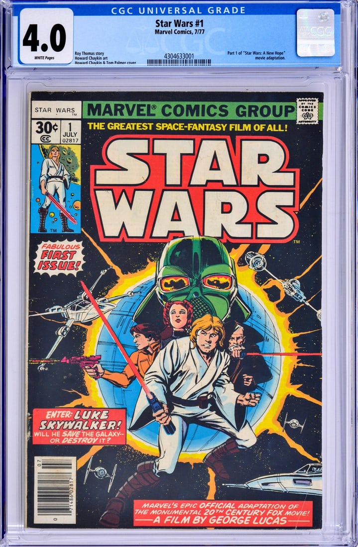 STAR WARS #1, CGC 4.0: Artist/Designer; Manufacturer: Howard Chaykin, Jim Novak, Marie Severin, Roy Thomas; Marvel Comics (USA) Marking(s); notes: no signatures/marking(s); Jul. 10, 1977 Materials: paper Dimensions (H, W, D