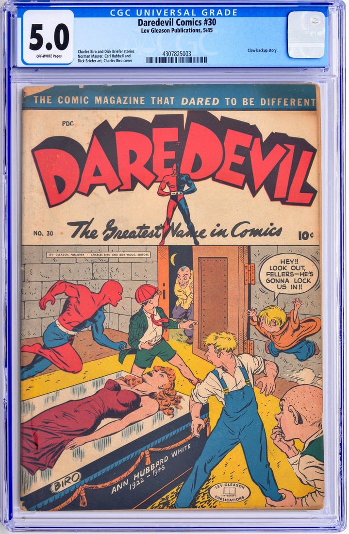 DAREDEVIL COMICS #30, CGC 5.0: Artist/Designer; Manufacturer: Charles Biro, Dick Briefer, Carl Hubbell, Virginia Hubbell, Norman Maurer, Robert Sale, Bob Wood, Dick Wood; Lev Gleason (USA) Marking(s); notes: no signatures/marking(s