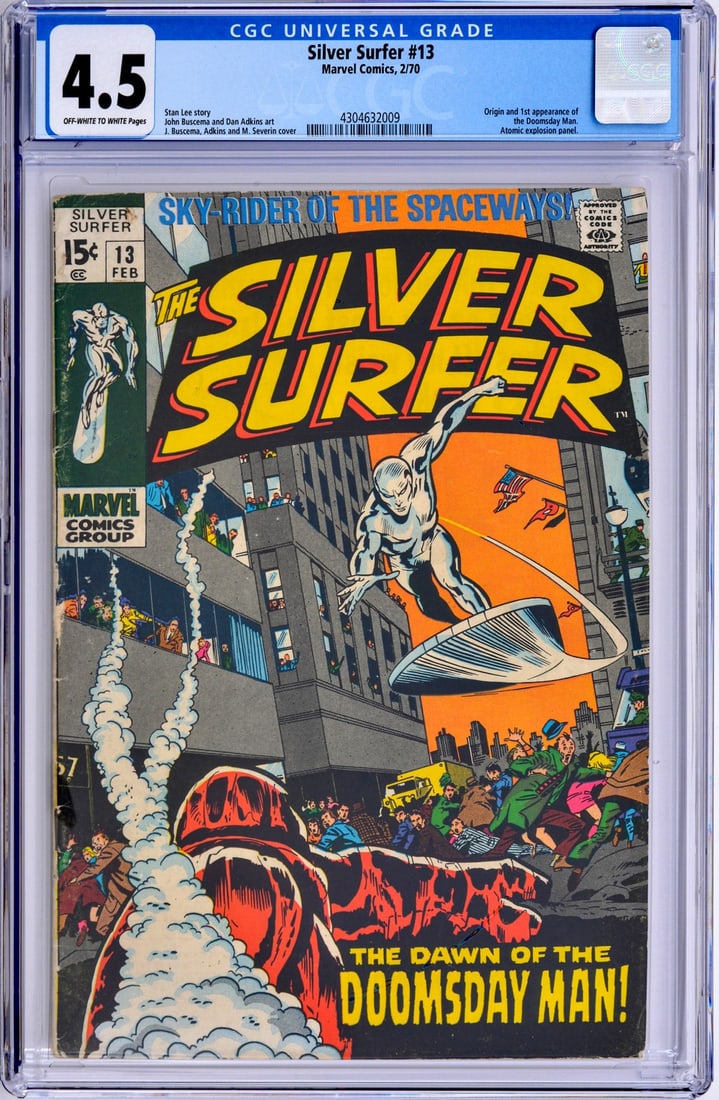THE SILVER SURFER #13, CGC 4.5: Artist/Designer; Manufacturer: Dan Adkins, John Buscema, Stan Lee, Sam Rosen, M. Severin; Marvel Comics (USA) Marking(s); notes: no signatures/marking(s); Feb. 10, 1970 Materials: paper Dimensions (H,