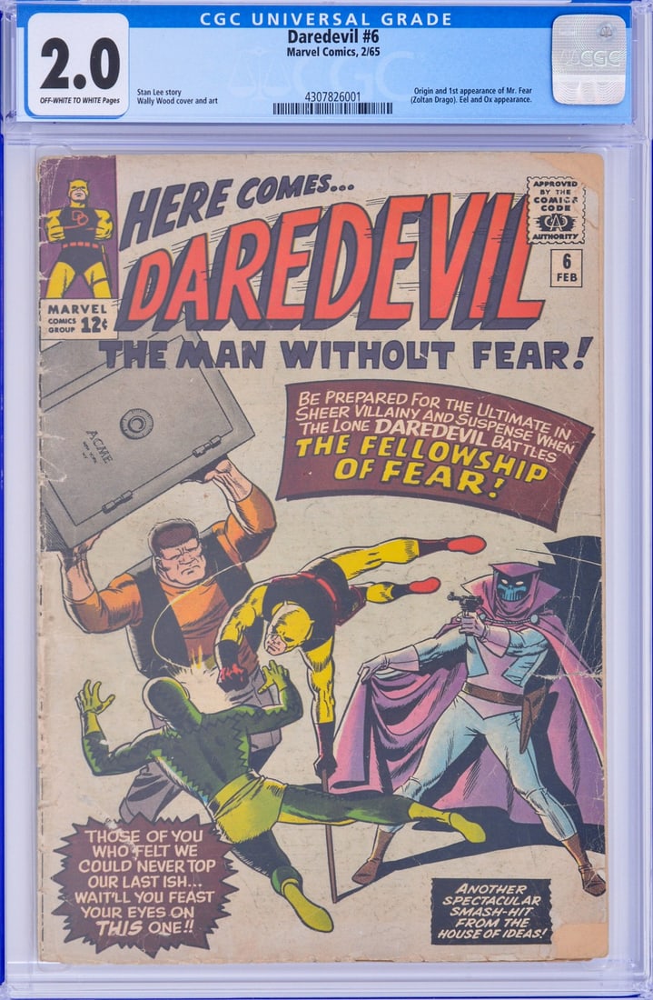 DAREDEVIL THE MAN WITHOUT FEAR #6, CGC 2.0: Artist/Designer; Manufacturer: Stan Lee, Sam Rosen, Wally Wood; Marvel Comics (USA) Marking(s); notes: no signatures/marking(s); Jan. 31, 1965 Materials: paper Dimensions (H, W, D): 10.25"h, 6.5"w Add