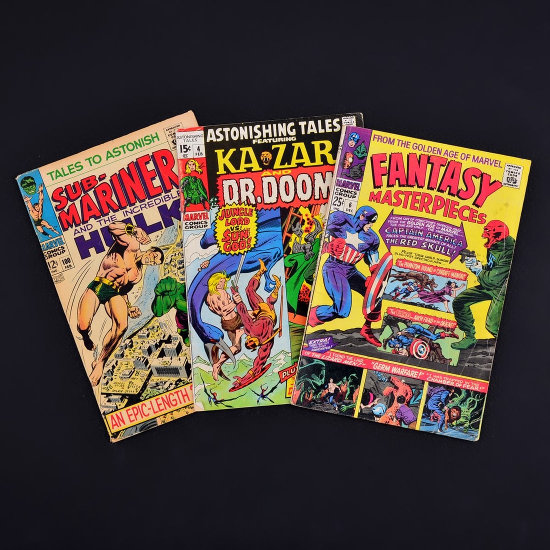 3 Marvel Comics, TALES TO ASTONISH #100, ASTONISHING TALES #4 & FANTASY MASTERPIECES #6: Artist/Designer; Manufacturer: John Buscema, Gerry Conway, Howard Ferguson, Stan Goldberg, Don Heck, Jean Izzo, Jack Kirby, Stan Lee, Larry Lieber, Paul Reinman, John Romita Sr., Sam Rosen, Marie Seve