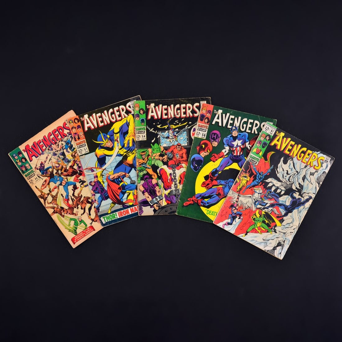 5 Marvel Comics, THE AVENGERS #44, #51, #54, #56 & #61: Artist/Designer; Manufacturer: John Buscema, Stan Lee, Sam Rosen, Artie Simek, Roy Thomas; Marvel Comics (USA) Marking(s); notes: no signatures/marking(s); Sep. 10, 1967/Apr. 10, 1968/Jul. 10, 1968/Se