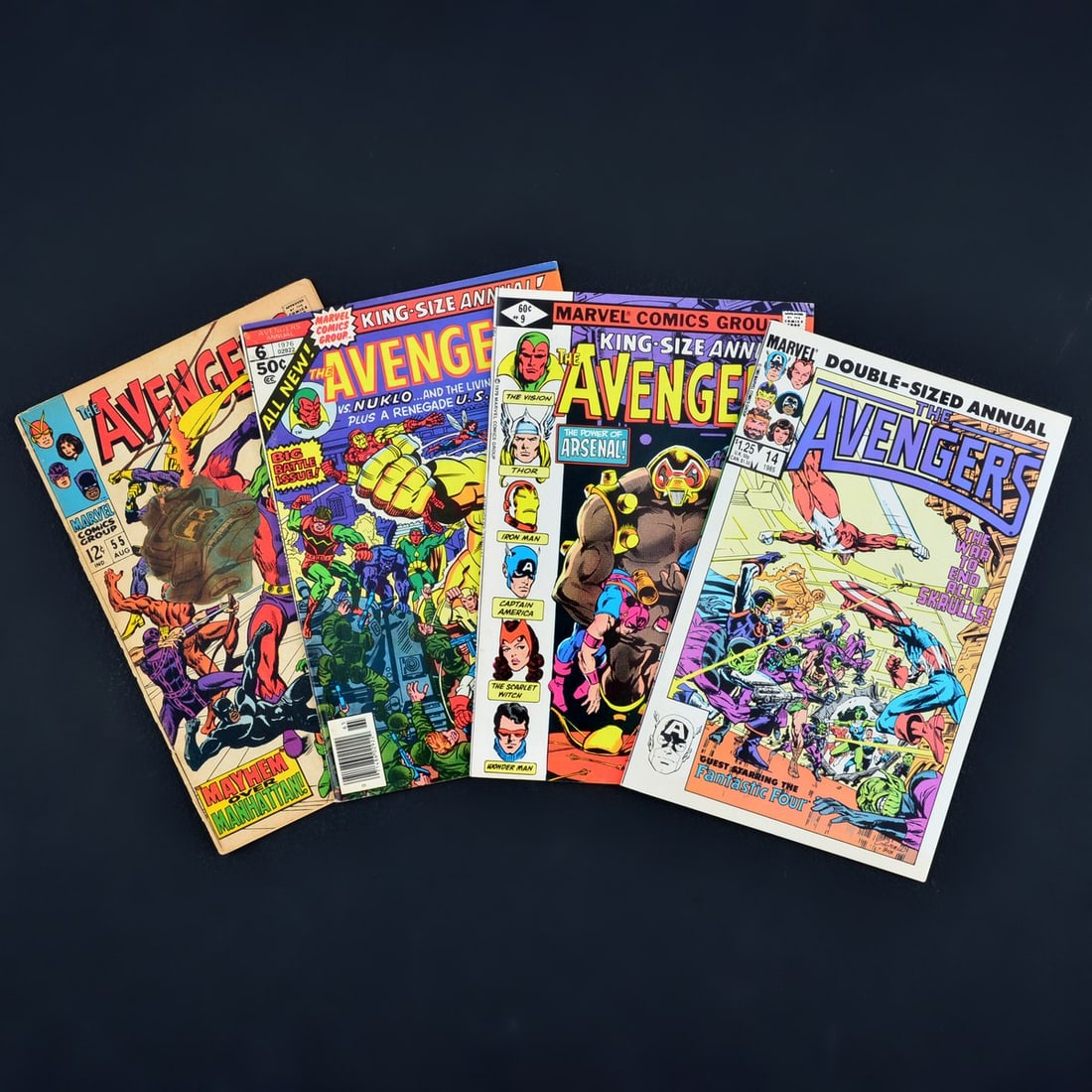 4 Marvel Comics, THE AVENGERS #55, THE AVENGERS ANNUAL #6, #9 & #14: Artist/Designer; Manufacturer: John Buscema, John Byrne, Gerry Conway, John Costanza, Dan Crespi, Scott Edelman, Carl Gafford, Kerry Gammill, Petra Goldberg, Mark Gruenwald, Jack Kirby, Stan Lee, Bill