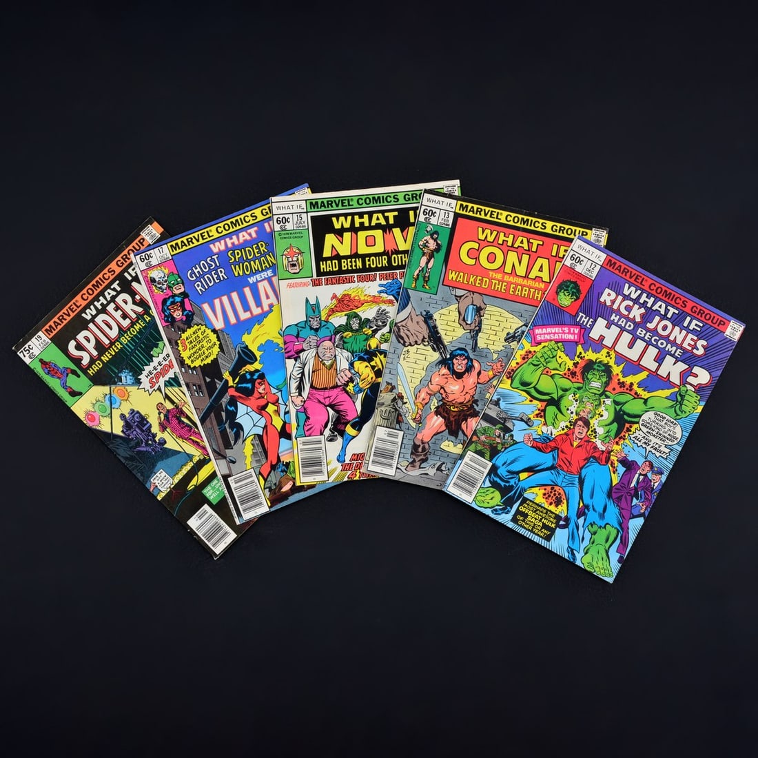 5 Marvel Comics, WHAT IF? #12, #13, #15 (Newsstand Edition), #17 & #19 (Newsstand Edition): Artist/Designer; Manufacturer: Ross Andru, Pat Broderick, Rich Buckler, John Buscema, Sal Buscema, Gene Colan, John Costanza, Carl Gafford, Peter Gillis, Don Glut, Steven Grant, Mark Gruenwald, Michae