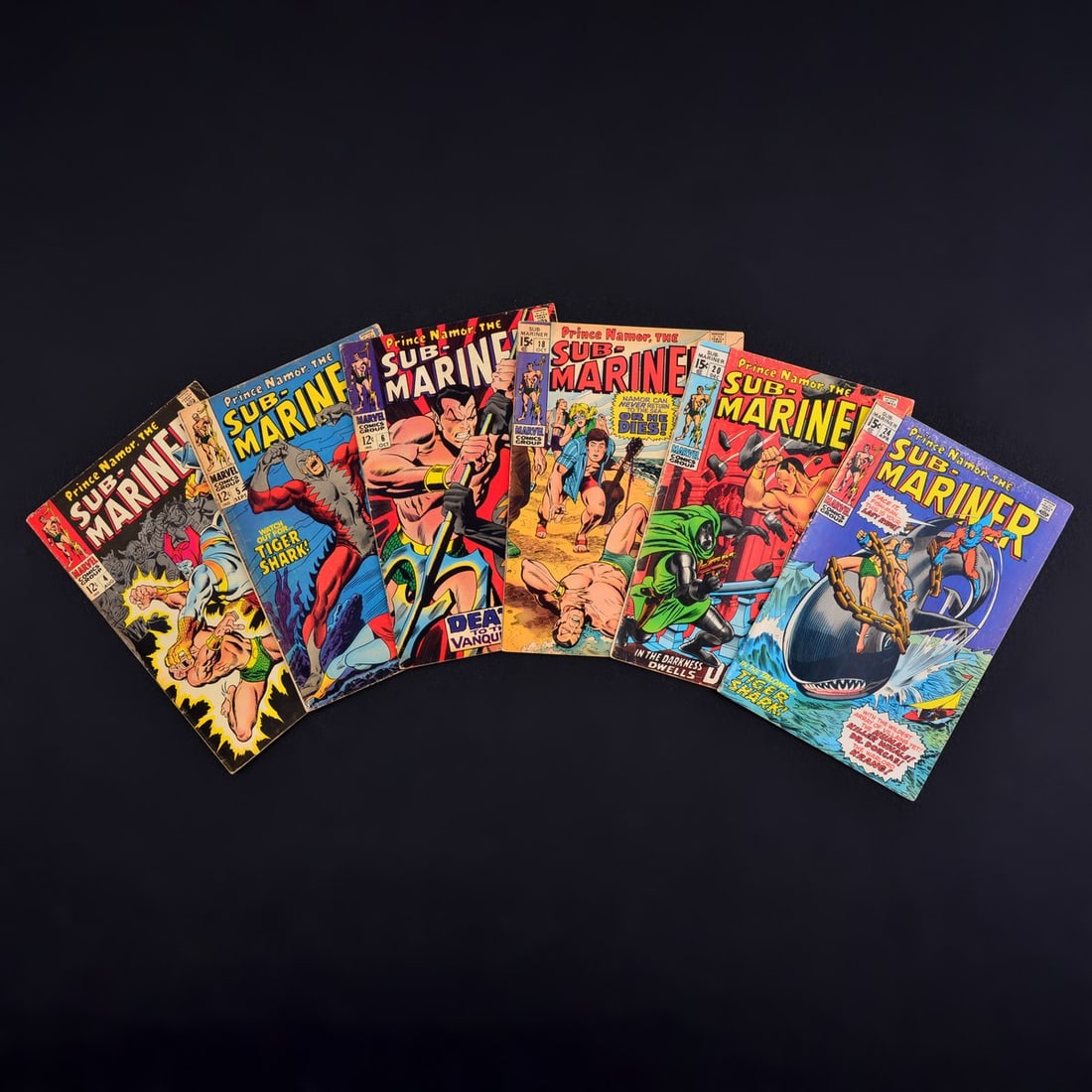 6 Marvel Comics, SUB-MARINER #4, #5, #6, #18, #20 & #24: Artist/Designer; Manufacturer: John Buscema, John Duffy, Stan Lee, Sam Rosen, Marie Severin, Artie Simek, Roy Thomas, Irving Watanabe; Marvel Comics (USA) Marking(s); notes: no signatures/marking(s); 