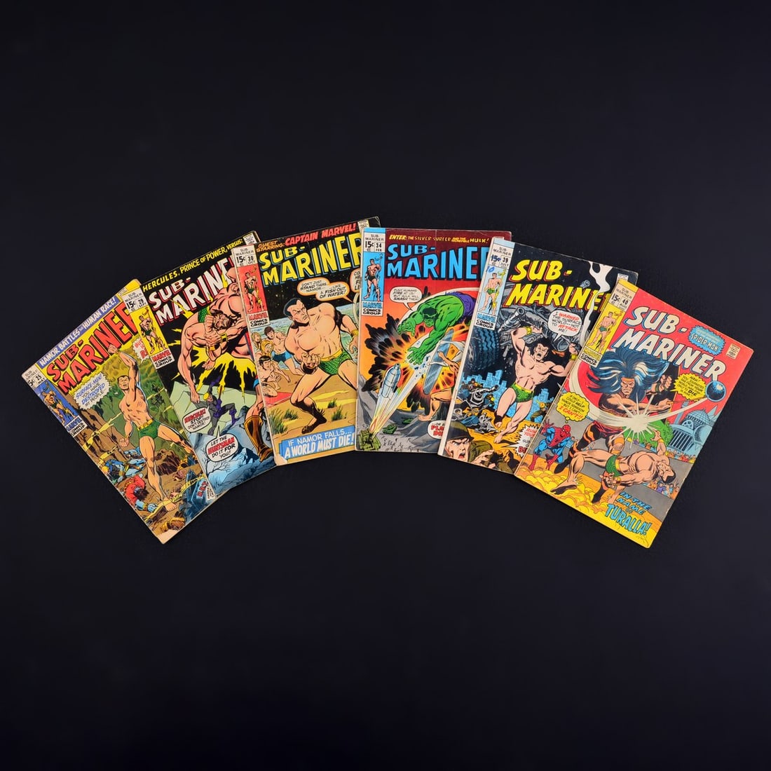 6 Marvel Comics, SUB-MARINER #25, #29, #30, #34, #39 & #40: Artist/Designer; Manufacturer: Ross Andru, Sal Buscema, Gene Colan, Gerry Conway, Stan Lee, Sam Rosen, Marie Severin, Artie Simek, Roy Thomas, George Tuska; Marvel Comics (USA) Marking(s); notes: no s