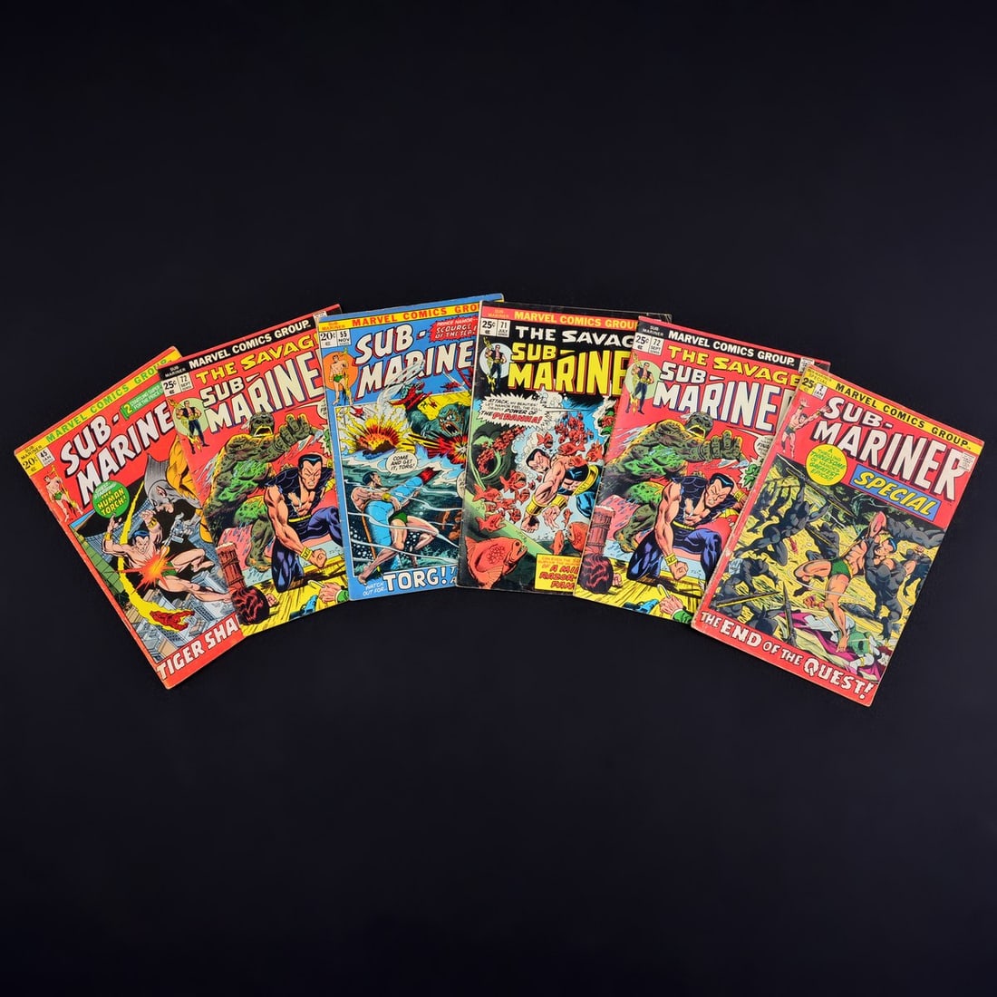 6 Marvel Comics, SUB-MARINER #45, #55, #71, #72 (2 copies) & SUB-MARINER ANNUAL #2: Artist/Designer; Manufacturer: Dan Adkins, Gene Colan, Gerry Conway, John Costanza, Bill Everett, Charlotte Jetter, Gil Kane, Stan Lee, Larry Lieber, Linda Lessmann, John Romita, Sam Rosen, Marie Seve