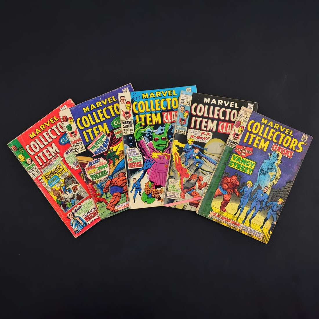 5 Marvel Comics, MARVEL COLLECTORS' ITEM CLASSICS #10, #16, #18, #20 & #21: Artist/Designer; Manufacturer: Steve Ditko, Stan Goldberg, Don Heck, Sharon Kay, Jack Kirby, Morrie Kuramoto, Stan Lee, Larry Lieber, Don Rico, Sam Rosen, Artie Simek, Roy Thomas; Marvel Comics (USA) 