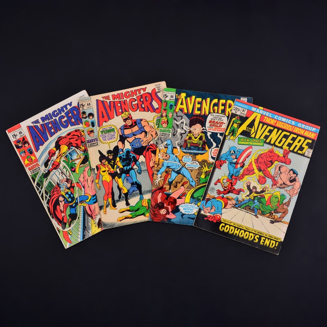 4 Marvel Comics, THE AVENGERS #66, #68, #86 & #97: Artist/Designer; Manufacturer: Neal Adams, John Buscema, Sal Buscema, Gil Kane, Stan Lee, Shelly Leferman, Sam Rosen, Artie Simek, Roy Thomas, Len Wein, Barry Windsor-Smith; Marvel Comics (USA) Markin