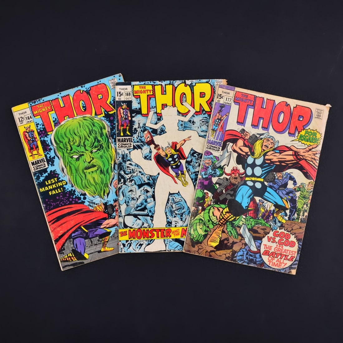 3 Marvel Comics, THE MIGHTY THOR #164, #169 & #177: Artist/Designer; Manufacturer: Jack Kirby, Stan Lee, John Romita, Sam Rosen, Artie Simek; Marvel Comics (USA) Marking(s); notes: no signatures/marking(s); May 10, 1969/Oct. 10, 1969/Jun. 10, 1970 Mate