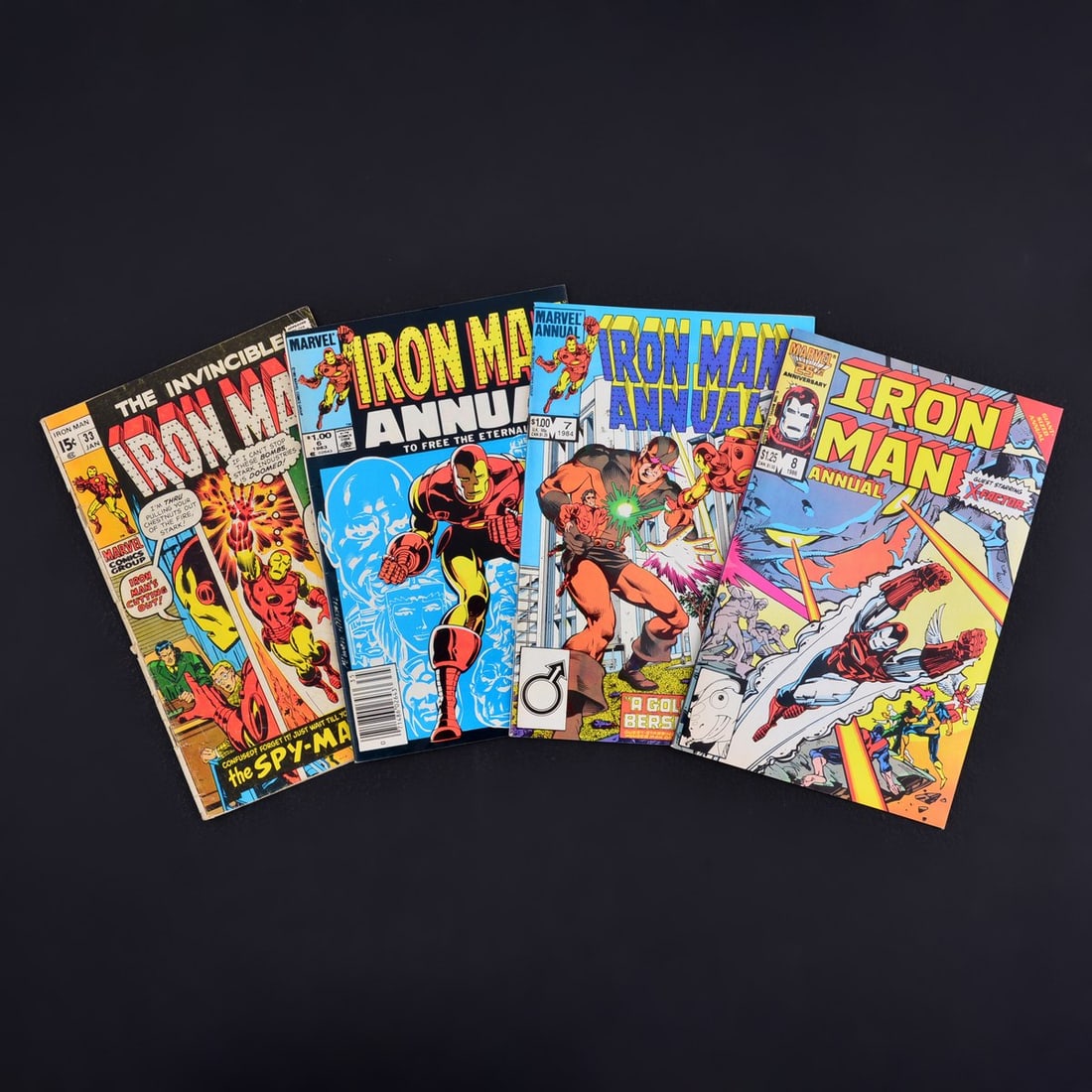 4 Marvel Comics, IRON MAN #33, IRON MAN ANNUAL #6 (Newsstand Edition), #7 & #8: Artist/Designer; Manufacturer: Allyn Brodsky, Lois Buhalis, Sal Buscema, Carl Gafford, Peter Gillis, Mark Gruenwald, Bob Harras, Don Heck, Michael Higgins, Jean Izzo, Stan Lee, Luke McDonnell, Paul Ne
