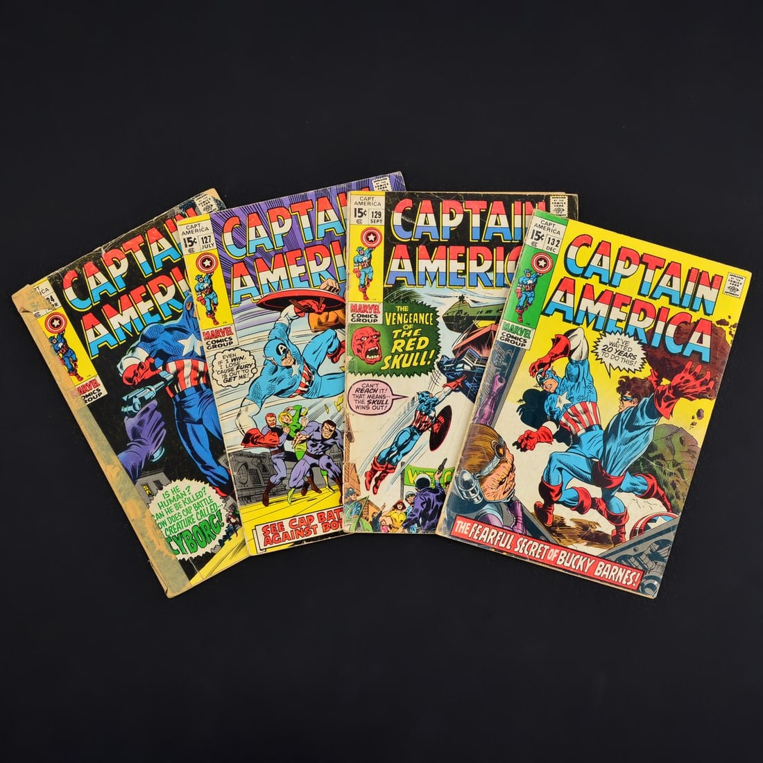 4 Marvel Comics, CAPTAIN AMERICA #124, #127, #129 & #132: Artist/Designer; Manufacturer: Gene Colan, John F. Hayes, Stan Lee, John Romita, Sam Rosen, Marie Severin, Artie Simek; Marvel Comics (USA) Marking(s); notes: no signatures/marking(s); Mar. 31, 1970/J