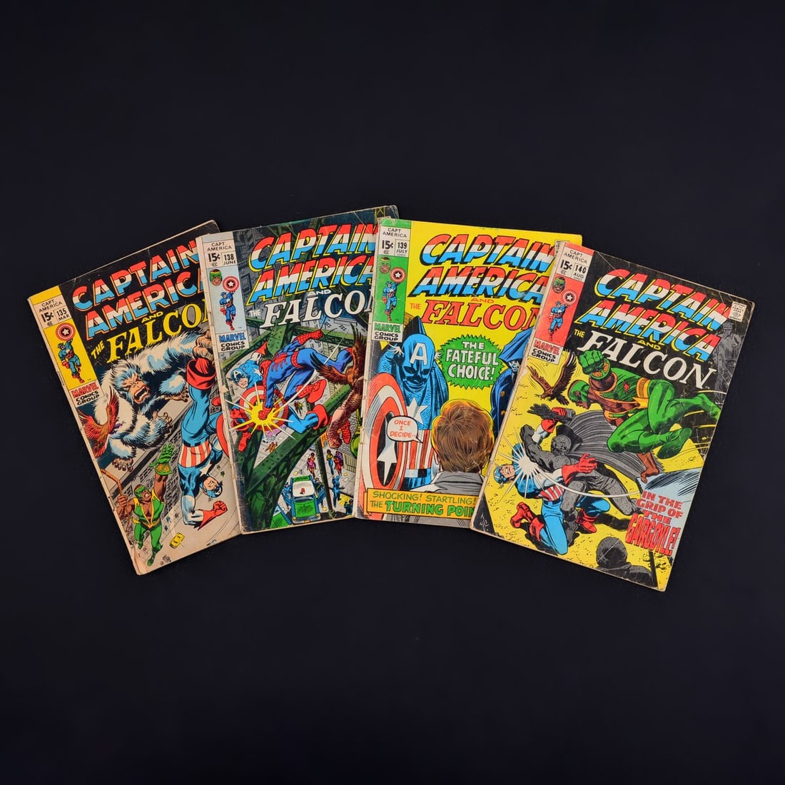 4 Marvel Comics, CAPTAIN AMERICA AND THE FALCON #135, #138, #139 & #140: Artist/Designer; Manufacturer: Gene Colan, Stan Lee, John Romita, Sam Rosen, Artie Simek; Marvel Comics (USA) Marking(s); notes: no signatures/marking(s); Feb. 28, 1971/Jun. 10, 1971/Jun. 30, 1971/Jul