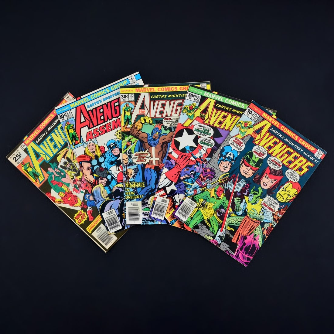 5 Marvel Comics, THE AVENGERS #150, #151, #152, #153 & #154: Artist/Designer; Manufacturer: John Buscema, Sal Buscema, Gerry Conway, John Costanza, Steve Englehart, Petra Goldberg, Archie Goodwin, Jack Kirby, Al Milgrom, George Perez, Gaspar Saladino, Irene Var