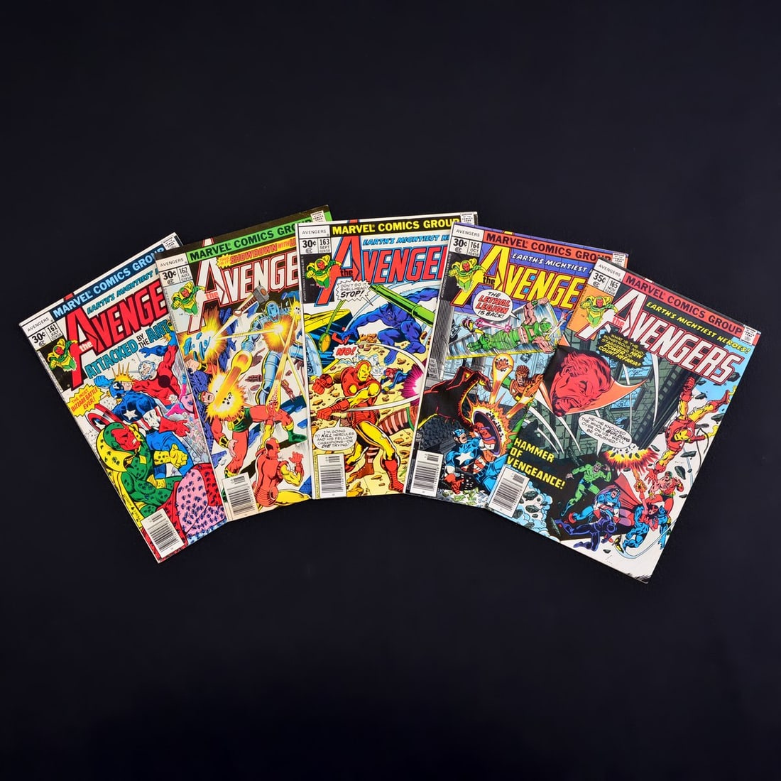 5 Marvel Comics, THE AVENGERS #161, #162, #163, #164 & #165: Artist/Designer; Manufacturer: Sal Buscema, John Byrne, John Costanza, Dan Crespi, Archie Goodwin, George Perez, Phil Rachelson, Gaspar Saladino, Jim Shooter, George Tuska, Don Warfield, Irving Watana