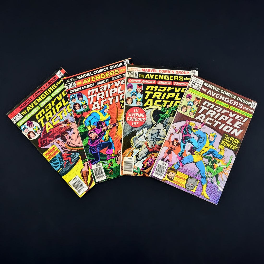 4 Marvel Comics, MARVEL TRIPLE ACTION #31, #32, #33 & #34: Artist/Designer; Manufacturer: John Buscema, Dave Cockrum, Don Heck, Stan Lee, Sam Rosen, Art Simek, Roy Thomas; Marvel Comics (USA) Marking(s); notes: no signatures/marking(s); Sep. 10, 1976/Nov. 10,