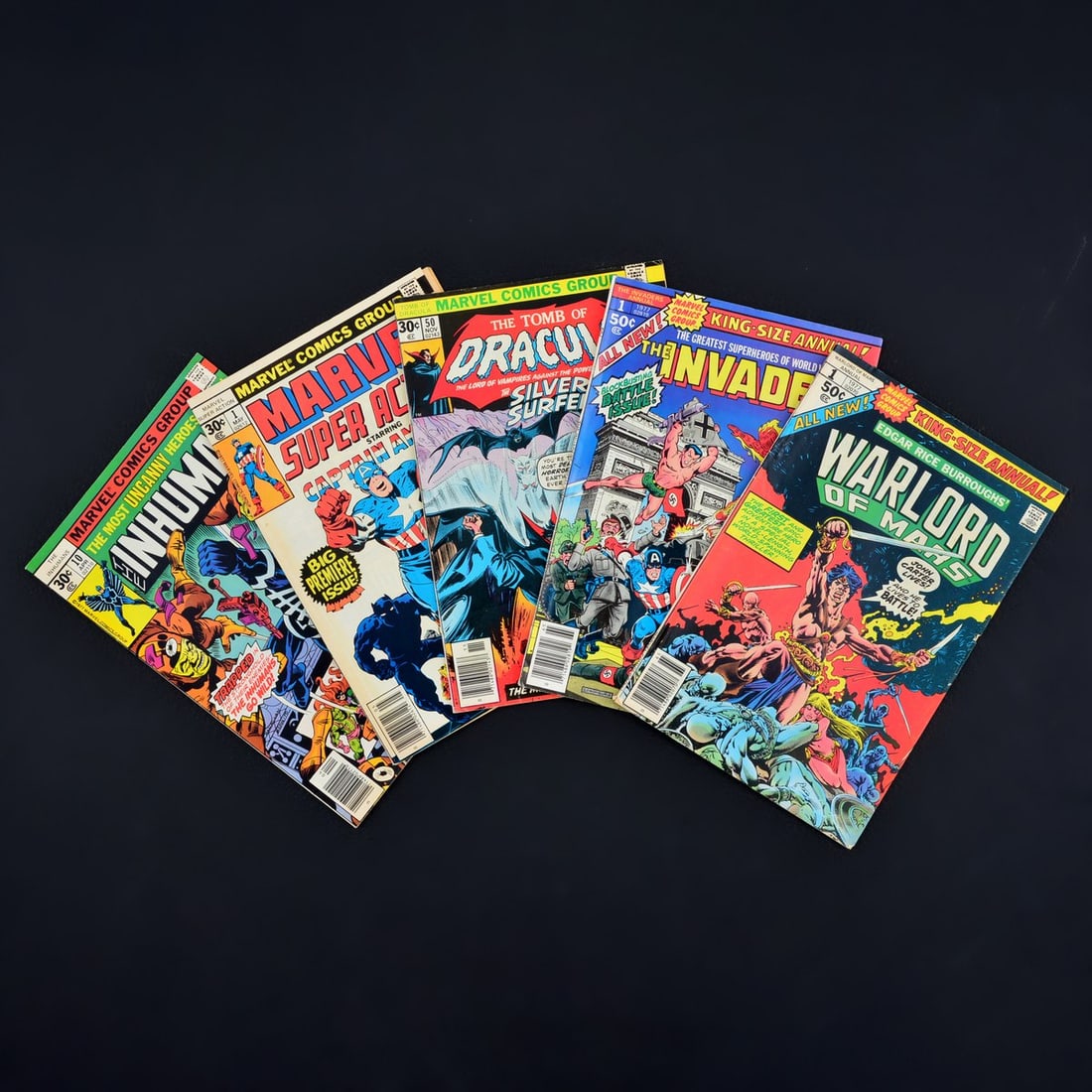 5 Marvel Comics, THE INHUMANS #10, SUPER ACTION #1, TOMB OF DRACULA #50, THE INVADERS ANNUAL #1 &: Artist/Designer; Manufacturer: Ross Andru, Sal Buscema, Janice Cohen, Gene Colan, John Costanza, Lee Elias, Archie Goodwin, Ed Hannigan, Gil Kane, Sam Kato, Annette Kawecki, Carol Lay, Doug Moench, Ru