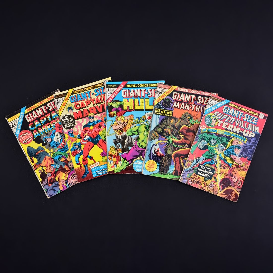 5 Marvel Comics, GIANT-SIZE CAPTAIN AMERICA #1, GIANT-SIZE Captain Marvel #1, GIANT-SIZE HULK #1,: Artist/Designer; Manufacturer: John Costanza, Dan Crespi, Steve Ditko, Gary Friedrich, Steve Gerber, Petra Goldberg, Gil Kane, Jack Kirby, Stan Lee, Mike Ploog, Phil Rachelson, Sam Rosen, Gaspar Salad
