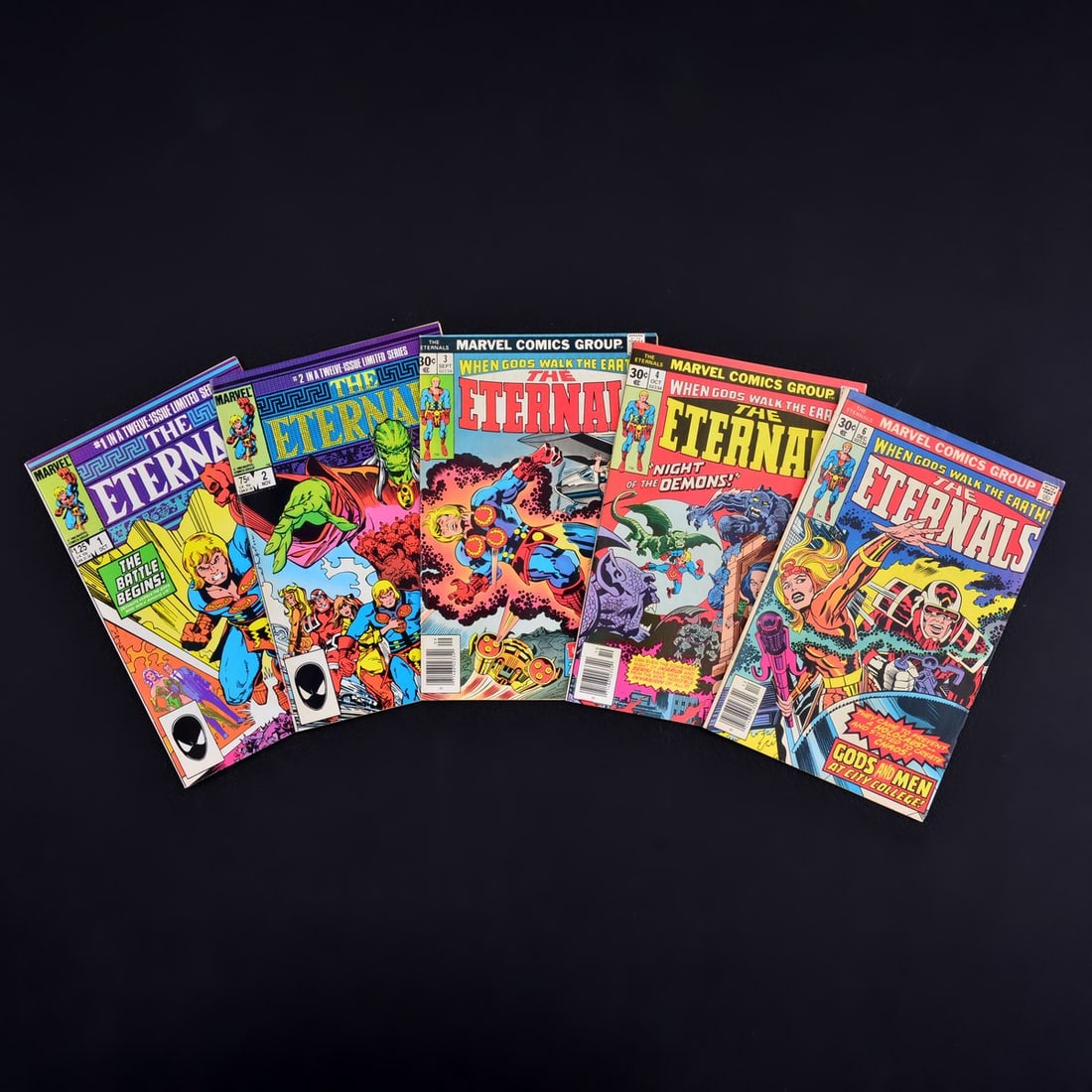 5 Marvel Comics, ETERNALS #1 (Limited Series), #2 (Limited Series), #3, #4 & #6: Artist/Designer; Manufacturer: Sal Buscema, John Costanza, Peter Gillis, Archie Goodwin, Jack Kirby, Ralph Macchio, Joe Rosen, George Roussos, Mike Royer, Walt Simonson, Irving Watanabe, Glynis Wein;