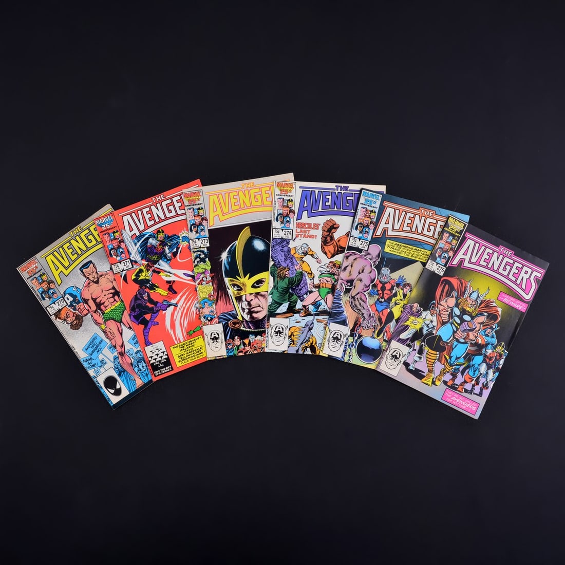 6 Marvel Comics, THE AVENGERS #270, #271, #273, #274, #275 & #276: Artist/Designer; Manufacturer: Paul Becton, John Buscema, Julianna Ferriter, Mark Gruenwald, Howard Mackie, Jim Novak, John Romita, Christie Scheele, Roger Stern, Gregory Wright; Marvel Comics (USA) M