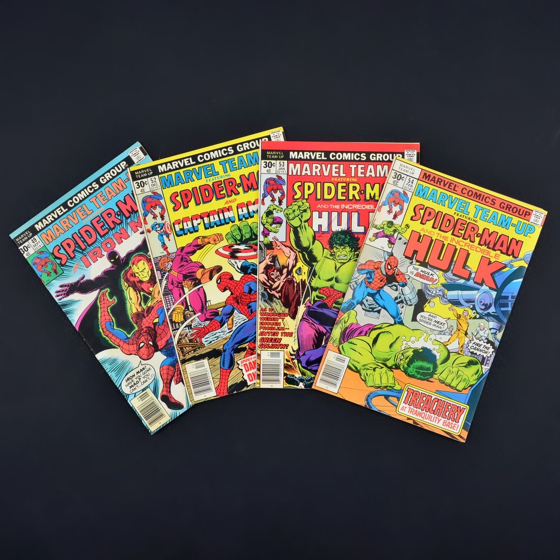 4 Marvel Comics, MARVEL TEAM-UP #49, #52, #53 & #54: Artist/Designer; Manufacturer: Jack Abel, Sal Buscema, John Byrne, Benjamin Carre, Dave Cockrum, Gerry Conway, John Costanza, Dan Crespi, Archie Goodwin, Gil Kane, Stan Lee, Bill Mantlo, Al Milgrom, J