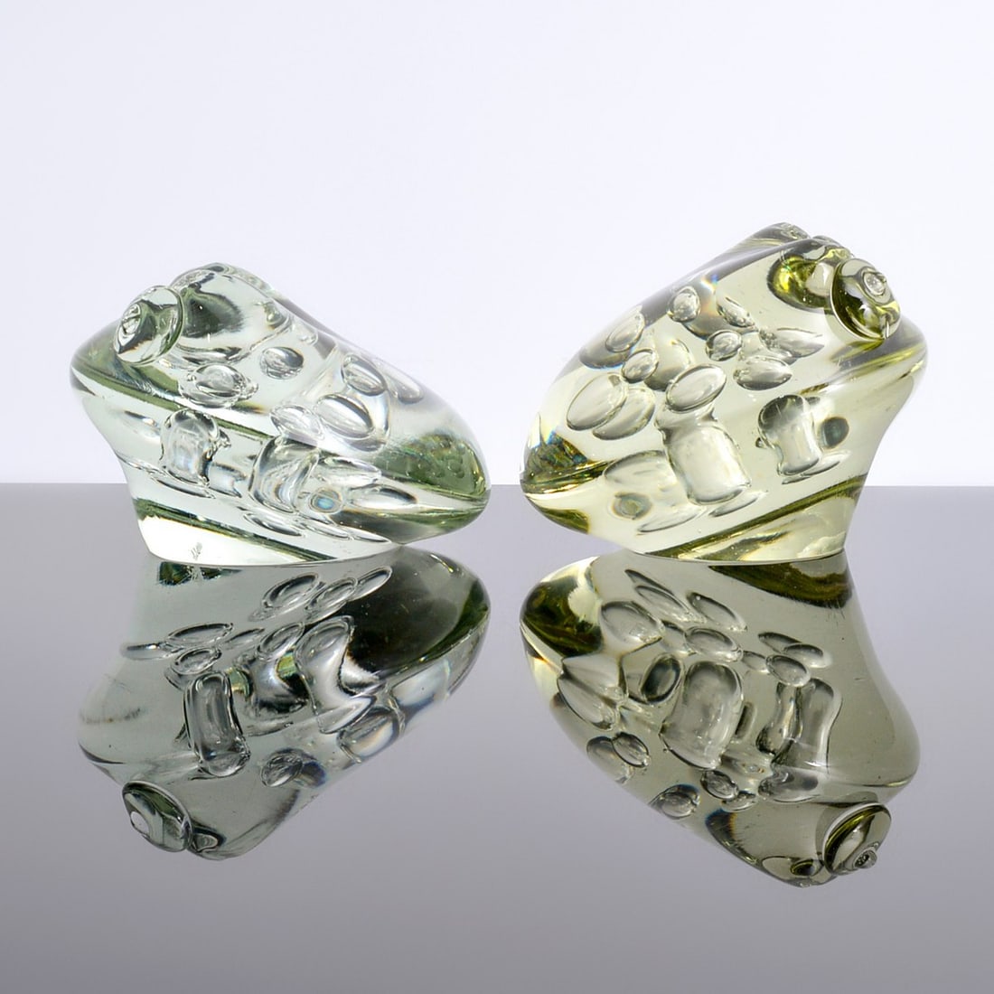2 Cenedese Bullfrog Figurines, Murano: Artist/Designer; Manufacturer: Cenedese (Italy) Marking(s); notes: no marking(s) apparent Materials: glass Dimensions (H, W, D): largest: 4.5"h, 6.5"w, 6.5"d Additional Information: Ceramics & Glass
