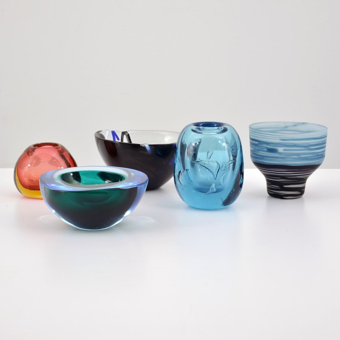 Lot of 5 Art Glass Bowls & Vessels: Artist/Designer; Manufacturer: Labino (USA), Hoglund (New Zealand), Kosta Boda (Sweden), 2 unknown Marking(s); notes: marking(s) Materials: glass Dimensions (H, W, D): largest: 5"w, 3.75"dia Additiona
