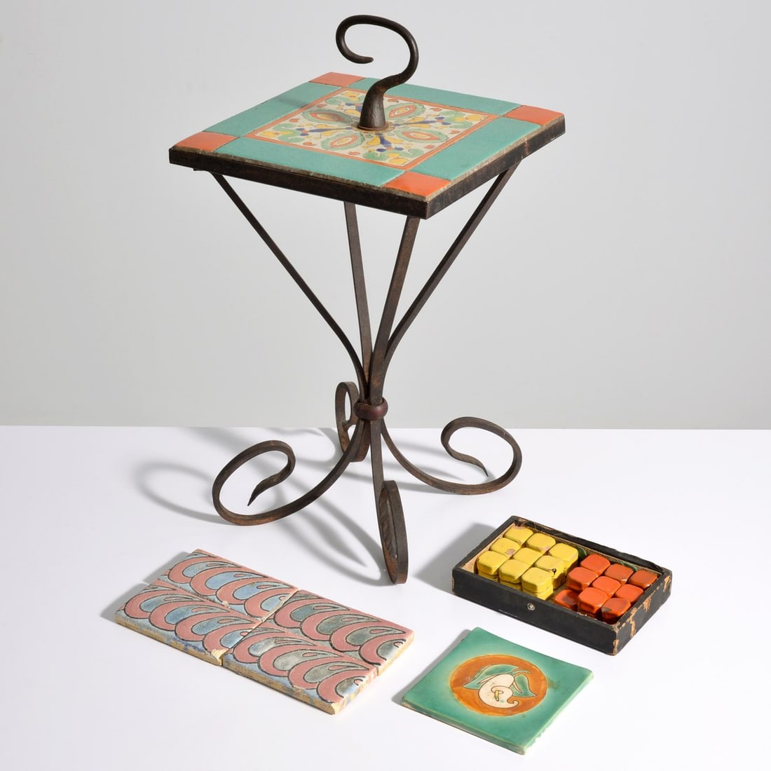 California Wrought Tile Top Table, San Jose Potteries Tile...: Artist/Designer; Manufacturer: San Jose Potteries, others unknown Marking(s); notes: marking(s) Materials: ceramic, wrought iron Dimensions (H, W, D): largest: 25"h, 12.5"w, 12.5"d Additional Informat