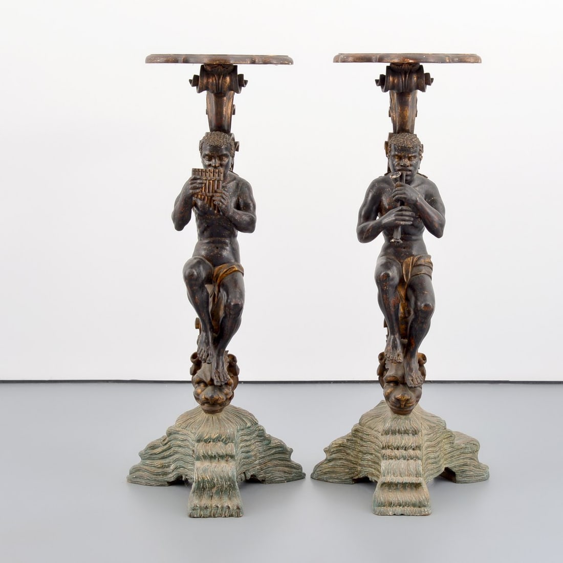 Pair of Large Carved Blackamoor Pedestals, 57"H: Artist/Designer; Manufacturer: unknown Marking(s); notes: no marking(s) apparent Materials: carved and painted/stained wood Dimensions (H, W, D): 57.25"h, 22"h, 22"w each Additional Information: Prove
