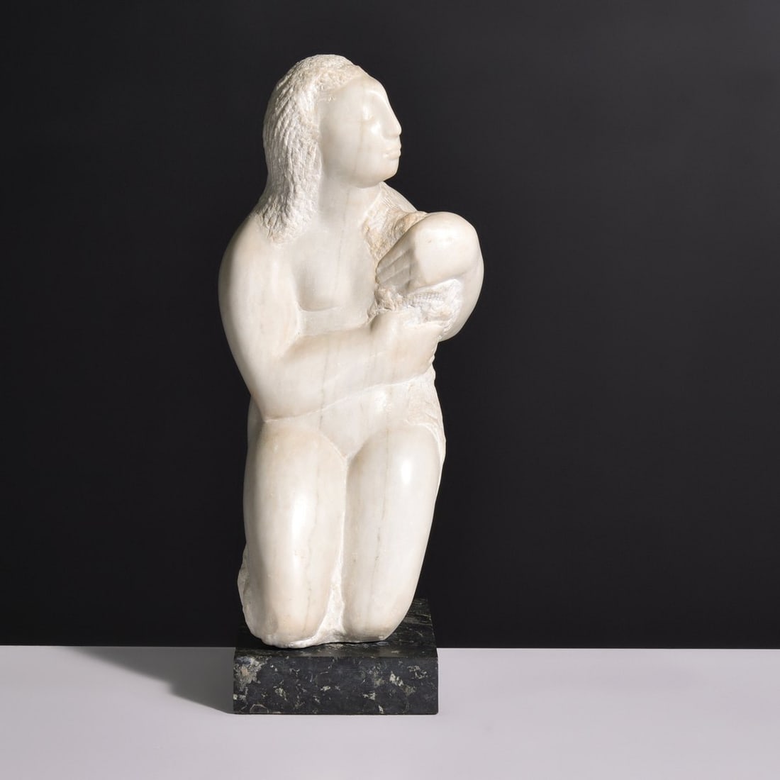 Lorrie Goulet Sculpture, Female Nude Figure: Artist/Designer; Manufacturer: Lorrie H. (de Creeft) Goulet (American, b. 1925) Marking(s); notes: signed; 1960 Materials: marble Dimensions (H, W, D): 22"oah, 9.5"w, 7"d; base comprises 2" of height