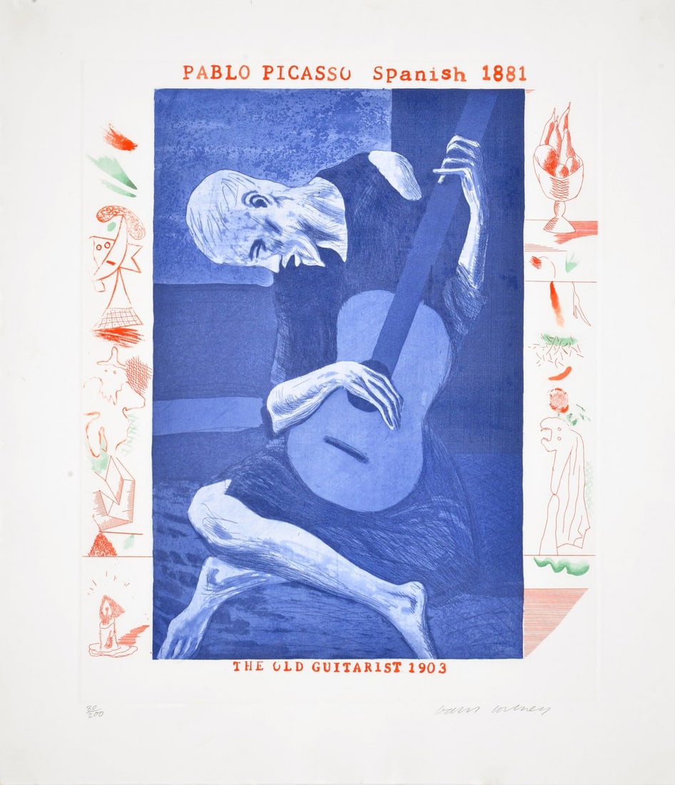 David Hockney THE OLD GUITARIST Etching / Aquatint: Artist/Designer; Manufacturer: David Hockney (English, b. 1937) Marking(s); notes: signed; ed. 30/200; 1976-1977 Materials: etching with aquatint Dimensions (H, W, D): 20.5"h, 18"w; 31.75"h, 29.25"w f