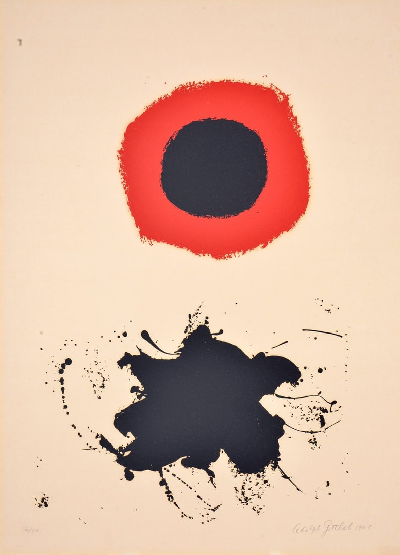 Adolph Gottlieb RED HALO, WHITE GROUND Lithograph: Artist/Designer; Manufacturer: Adolph Gottlieb (American, 1903-1974) Marking(s); notes: signed; ed. 2/50; 1966 Materials: lithograph Dimensions (H, W, D): 23.25"h, 17.25"w; 30"h, 24"w frame Additional