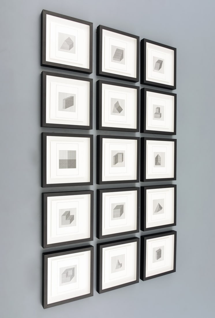 15 Sol Lewitt Screenprints from FICCIONES: Artist/Designer; Manufacturer: Sol Lewitt (American, 1928-2007) Marking(s); notes: no marking(s) apparent Materials: screenprint on Arches 88 Dimensions (H, W, D): 7.75"h, 7.75"w; 11.5"h, 11.5"w frame