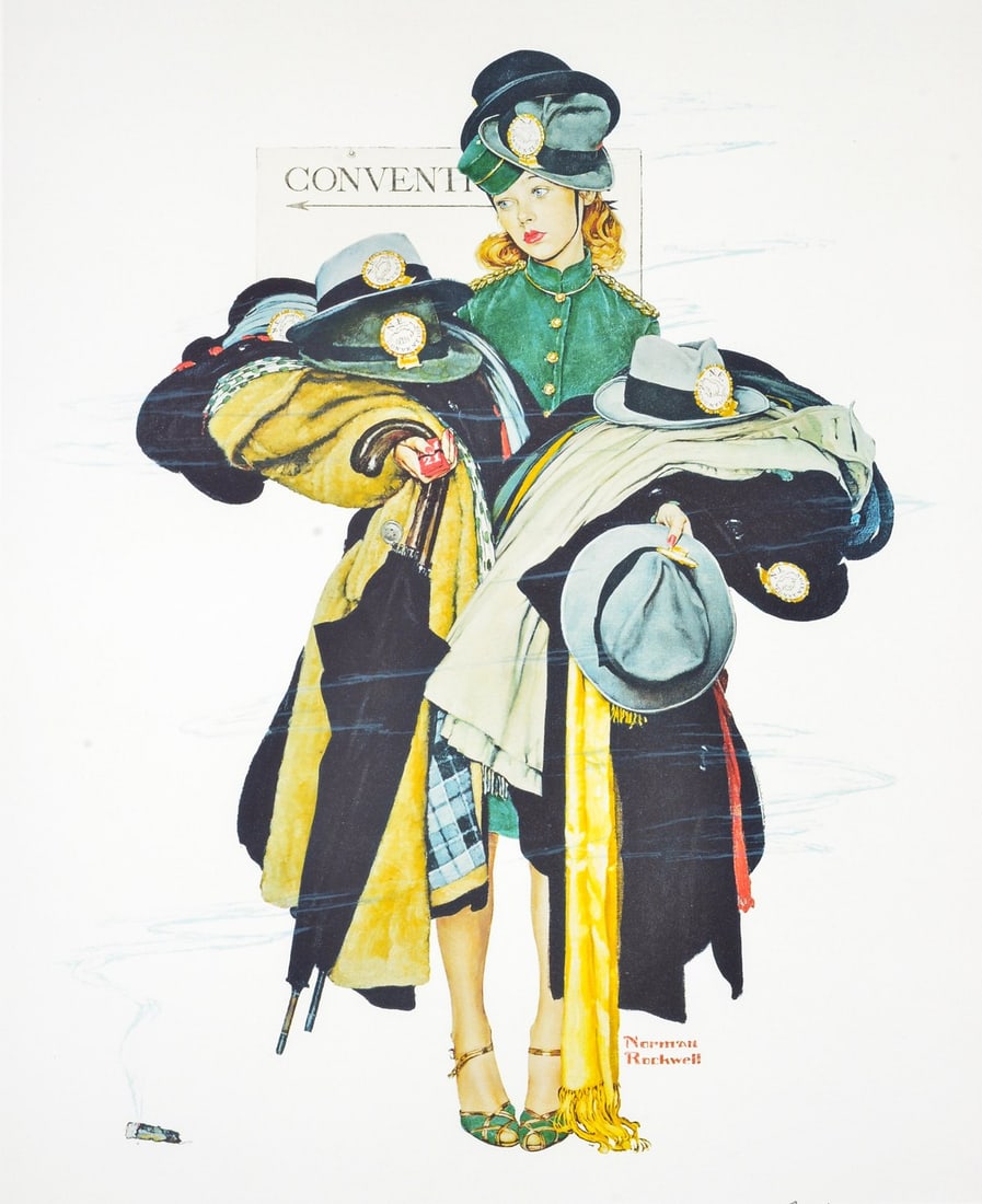 Norman Rockwell CONVENTION HAT CHECK Lithograph: Artist/Designer; Manufacturer: Norman Rockwell (American, 1894-1978) Marking(s); notes: signed (once by hand, once in plate); ed. 66/200 Materials: lithograph Dimensions (H, W, D): 25.75"h, 21"w; 34"h