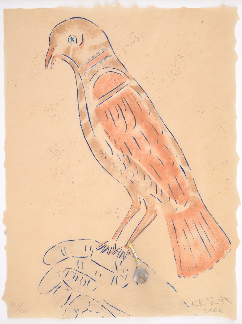 Kiki Smith PARROT Stencil Print with Platinum Leaf: Artist/Designer; Manufacturer: Kiki Smith (German/American, b. 1954) Marking(s); notes: signed; ed. 20/20; 2006 Materials: stenciled acrylic and platinum leaf on overbeaten flax paper Dimensions (H, W