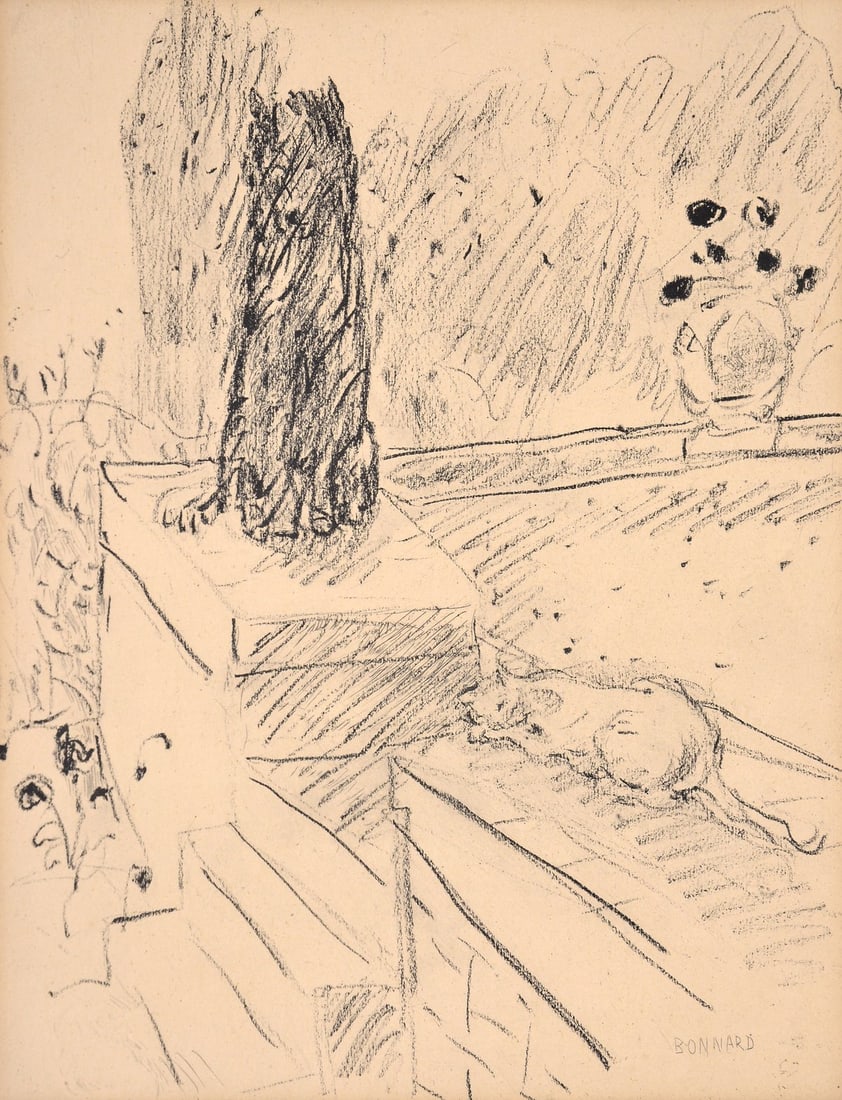 Pierre Bonnard CHAT ET CHIEN Etching: Artist/Designer; Manufacturer: Pierre Bonnard (French, 1867-1947) Marking(s); notes: signed in plate Materials: etching Dimensions (H, W, D): 10"h, 7.75"w; 15"h, 12.75"w frame Additional Information: 