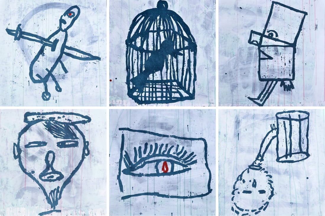 6 Donald Baechler NO LITERAL MEANING HERE Screenprints: Artist/Designer; Manufacturer: Donald Baechler (American, 1956-2022) Marking(s); notes: signed (initials), blind stamp; ed. 27/30; 1984 Materials: screenprint on Stonehenge white paper Dimensions (H, 