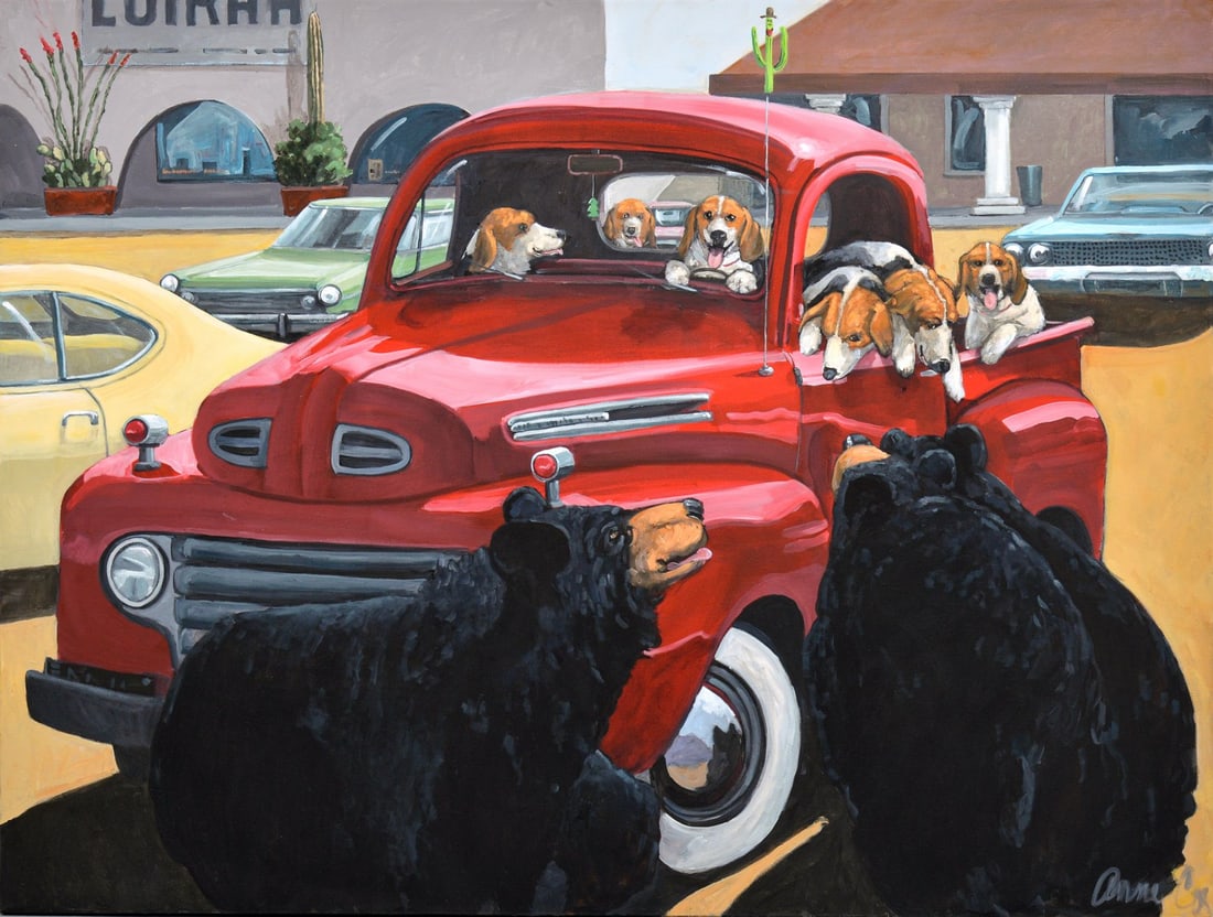 Large Anne Coe Dog & Bear Painting, 48"W: Artist/Designer; Manufacturer: Anne Coe (American, b. 1949) Marking(s); notes: signed; 2000 Materials: acrylic on canvas Dimensions (H, W, D): 35.75"h, 48"w (work is not framed) Additional Information