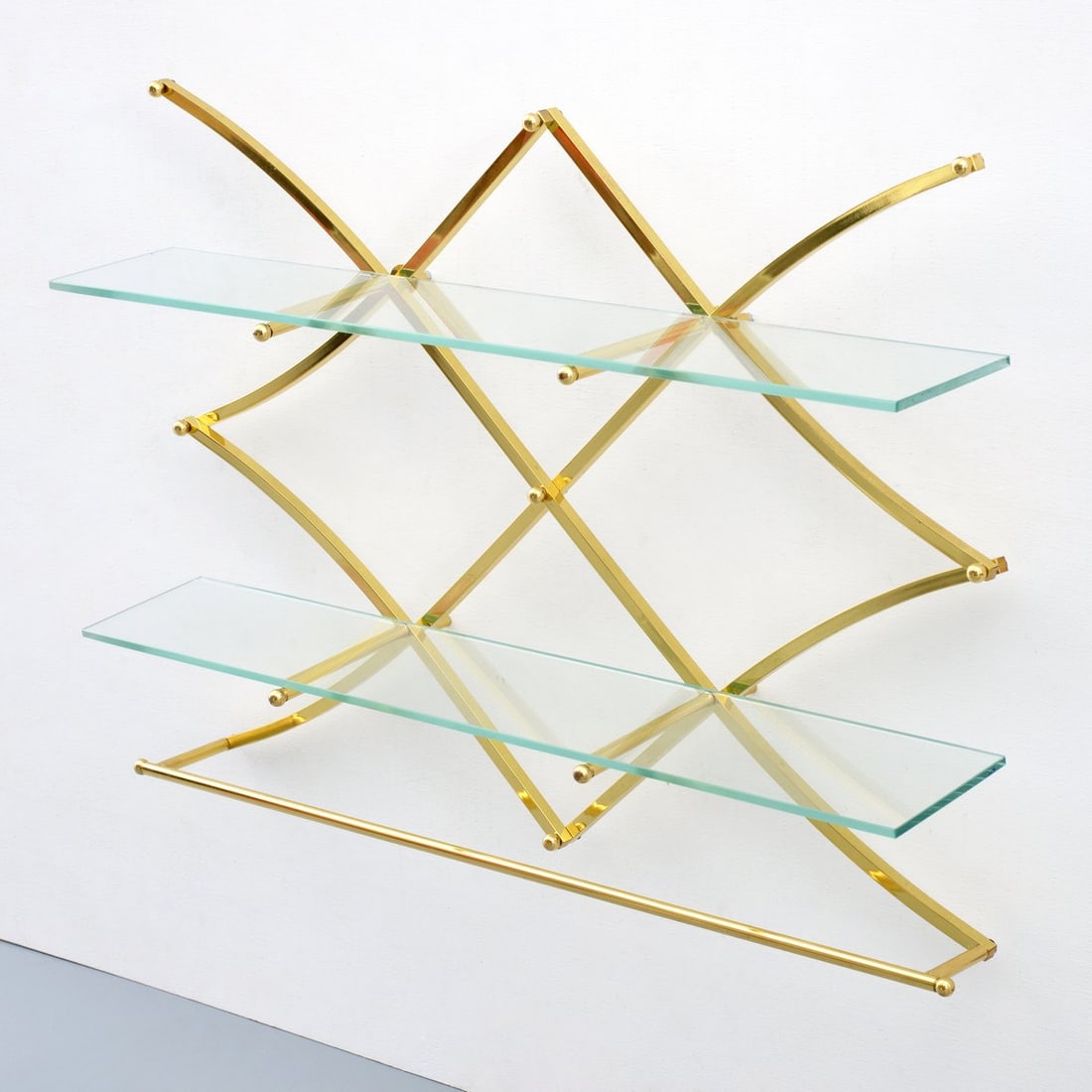 Charles Hollis Jones TREILLAGE Wall Shelf: Artist/Designer; Manufacturer: Charles Hollis Jones (American, b. 1945) Marking(s); notes: no marking(s) apparent Materials: metal, glass Dimensions (H, W, D): 25.75"h, 35.75"w, 7.75"d; each shelf: 36