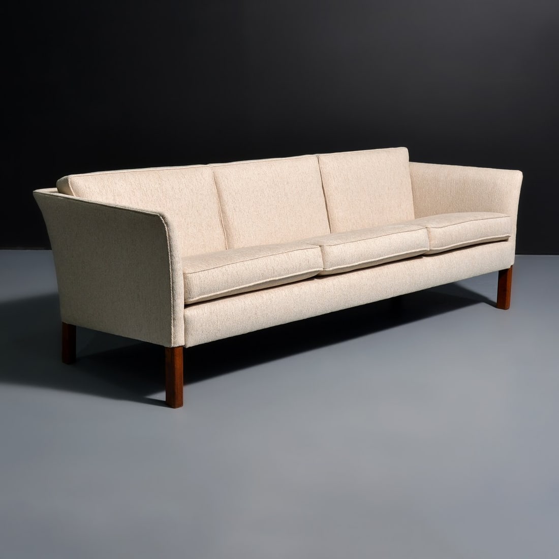 Danish Sofa, Attributed to Jacob Kjaer: Artist/Designer; Manufacturer: Jacob Kjaer, attributed Marking(s); notes: no marking(s) apparent Materials: wood, chenille upholstery Dimensions (H, W, D): 25.5"h, 83"w, 33"d; 18.5" seat height Additi