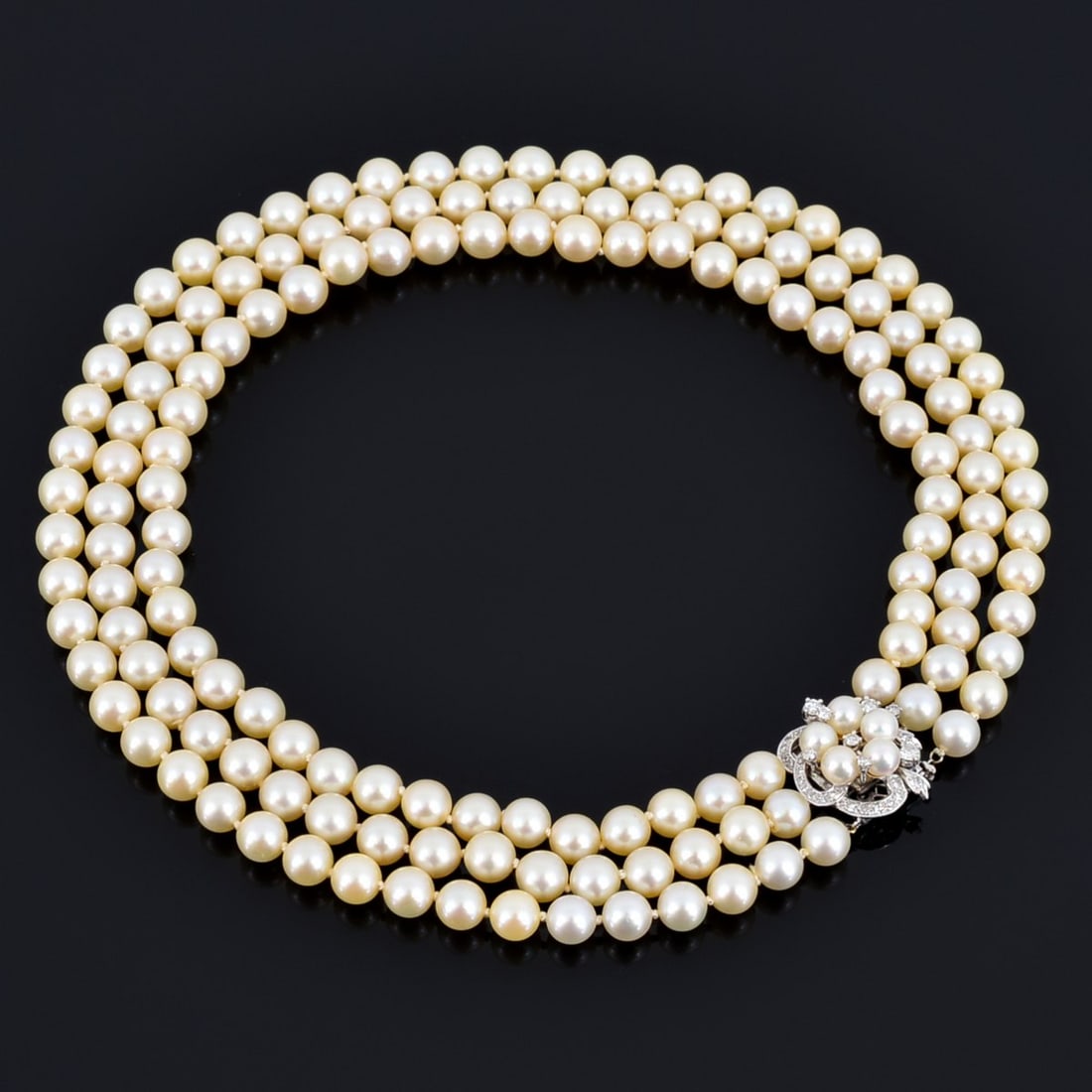 14K Gold, Akoya Pearl & Diamond 3-Strand Estate Necklace (1 of 12)