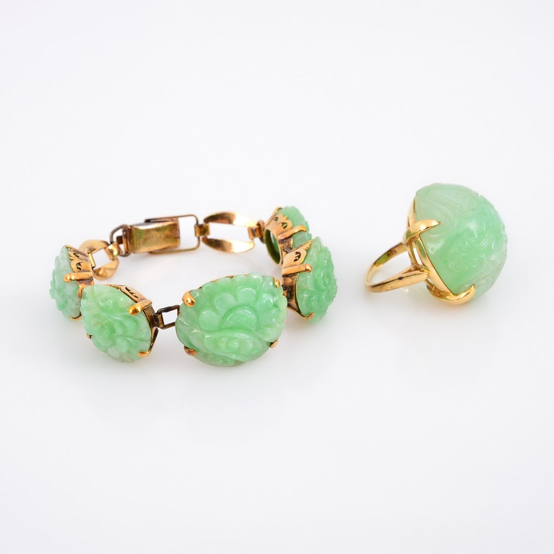 14K Gold Carved Jade Estate Ring & Bracelet Set (1 of 11)