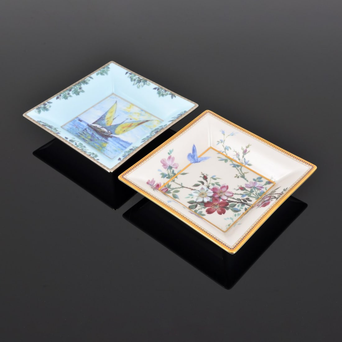 2 Limoges / Patek Philippe Bowls: Artist/Designer; Manufacturer: Limoges (France), Patek Philippe (Switzerland) Marking(s); notes: signed, marking(s) Country of origin; materials: ceramic Dimensions (H, W, D): 7.25"l, 7.25"w, 1.5"d ea