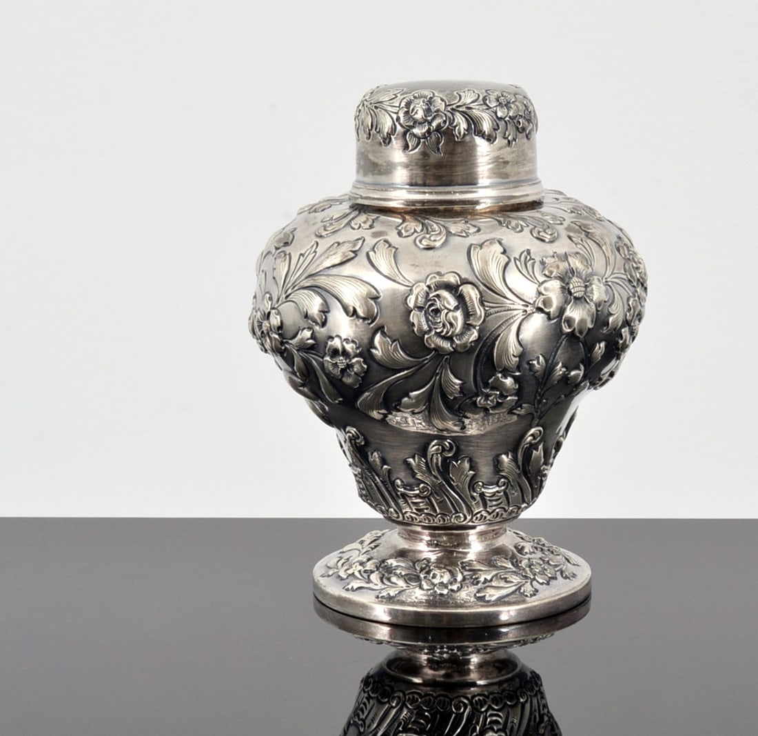 Bigelow Kennard & Co. Sterling Silver Urn: Artist/Designer; Manufacturer: Bigelow Kennard & Co. (USA) Marking(s); notes: signed, sterling imprint, marking(s) Country of origin; materials: sterling silver Dimensions (H, W, D): 5.5"h, 4.5"dia; 8
