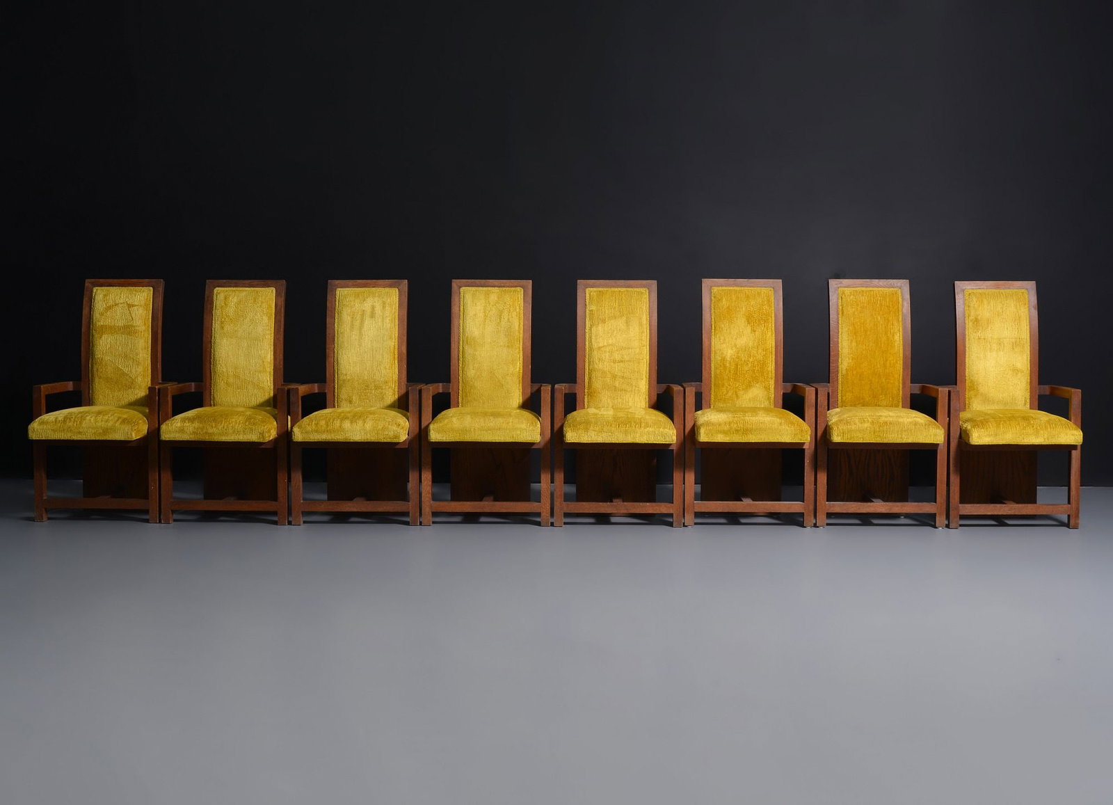 Frank Lloyd Wright Armchairs, Set of 8: Artist/Designer; Manufacturer: Frank Lloyd Wright (American, 1869-1959); Heritage Henredon (USA)Marking(s); notes: no marking(s) apparentMaterials: oak, upholsteryDi