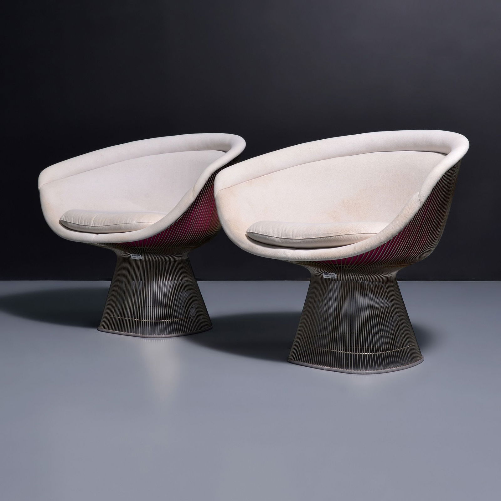 Pair of Warren Platner Lounge Chairs: Artist/Designer; Manufacturer: Warren Platner (American, 1919-2006); Knoll (USA)Marking(s); notes: no marking(s) apparentMaterials: chromed metal, upholsteryDimensions (H