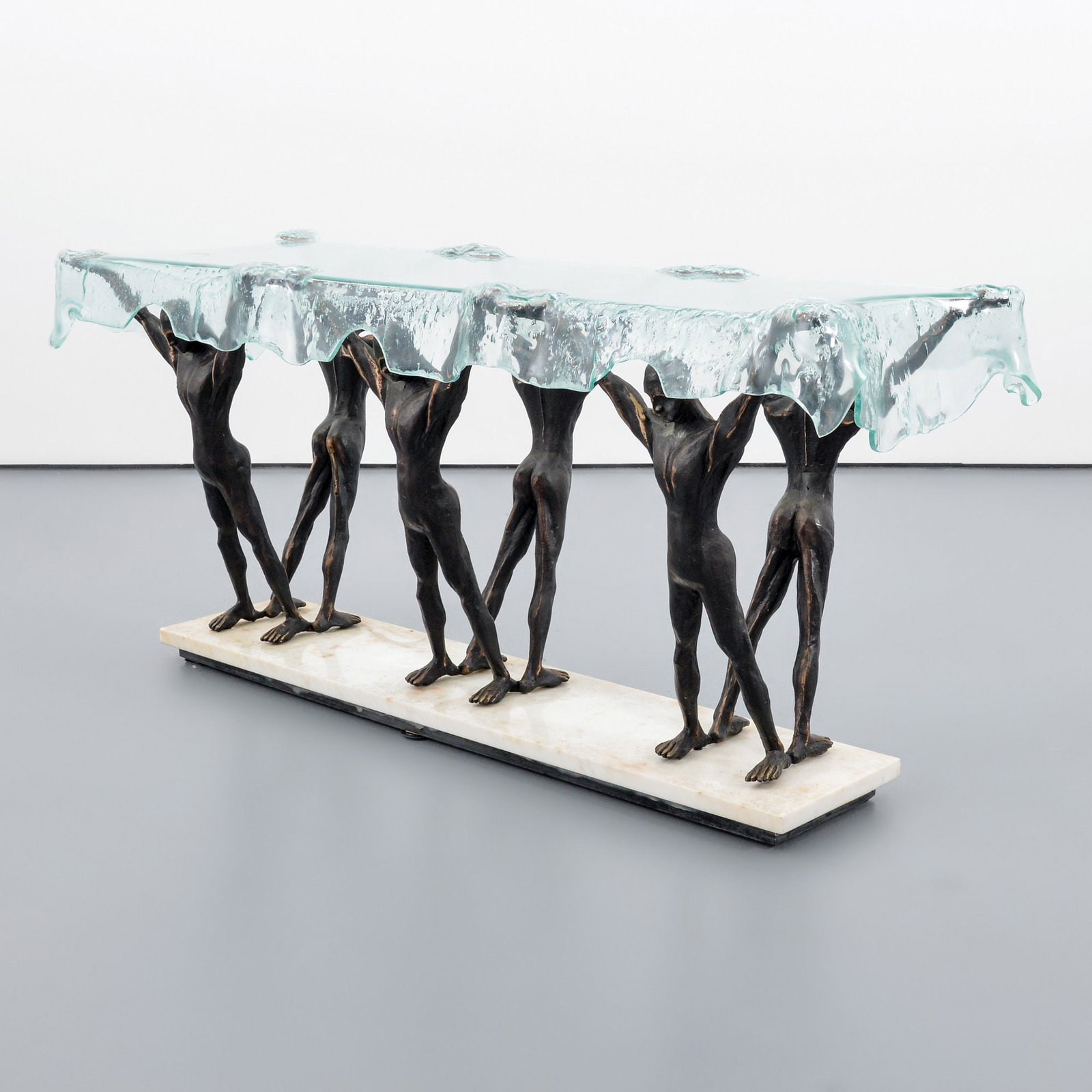 Miles Van Rensselaer Console Table: Artist/Designer; Manufacturer: Miles Van Rensselaer (American, b. 1973) Marking(s); notes: no marking(s) apparent Materials: bronze, glass, marble Dimensions (H, W, D):