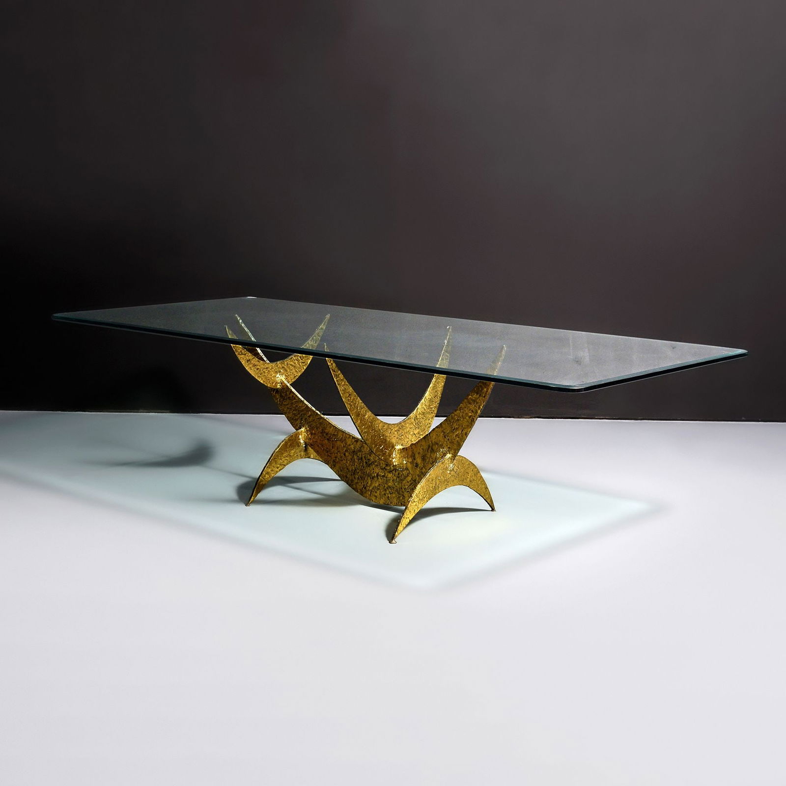 Silas Seandel Dining Table: Artist/Designer; Manufacturer: Silas Seandel (American, b. 1937)Marking(s); notes: signed; 1972Materials: brass, glassDimensions (H, W, D): base: 28.25"h, 5