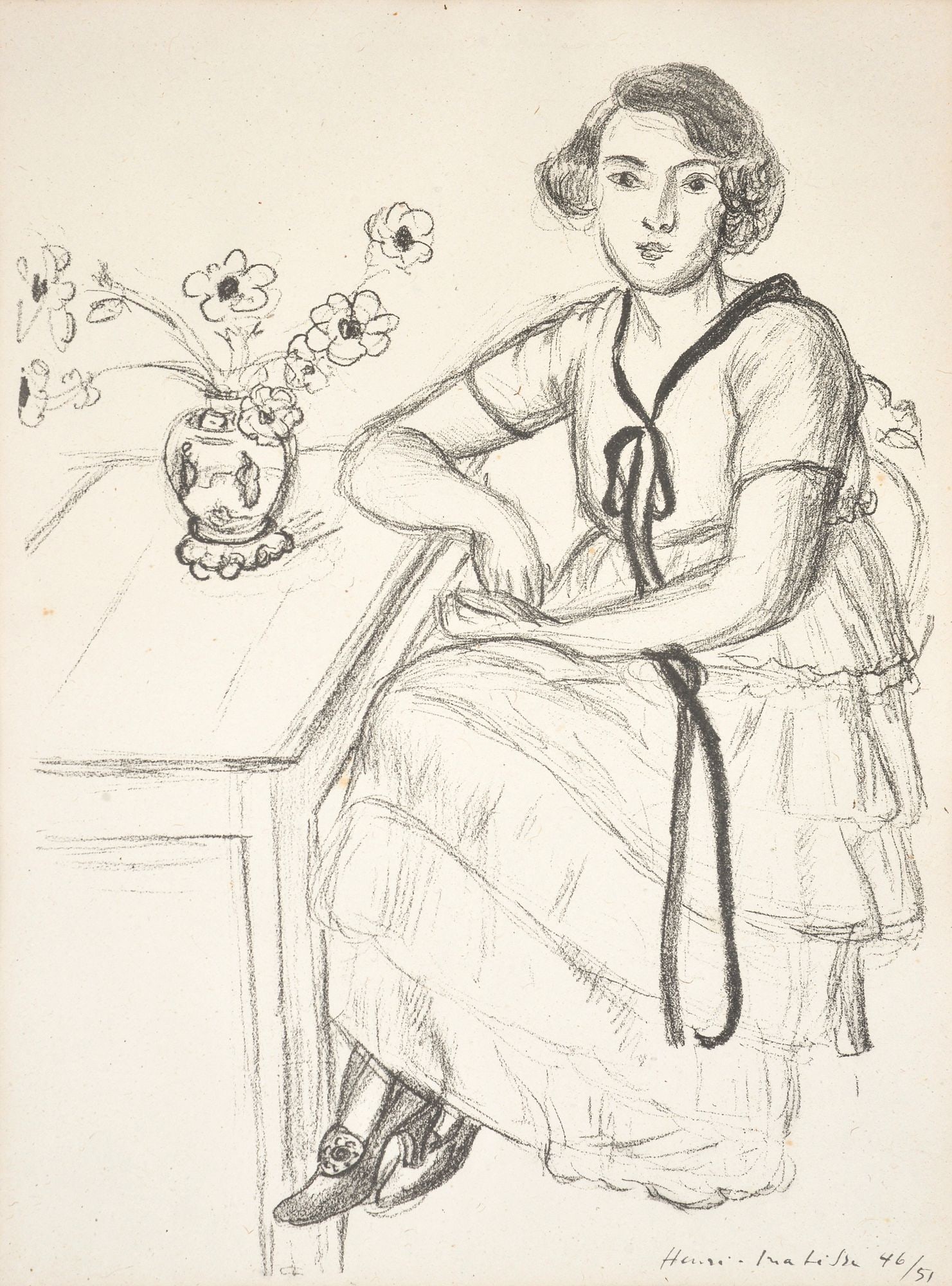 Henri Matisse LA ROBE JAUNE AU ROBAN NOIR Lithograph: Artist/Designer; Manufacturer: Henri Matisse (French, 1869-1954) Marking(s); notes: signed, RH stamp verso, marking(s); ed. 46/51; 1922 Materials: lithograph Dimensions (H,